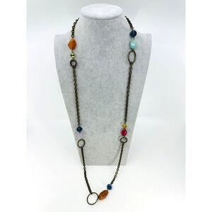 Liz Palacios Necklace Colorful Stone Crystal Stations Chain Link Bronze Tone 42"